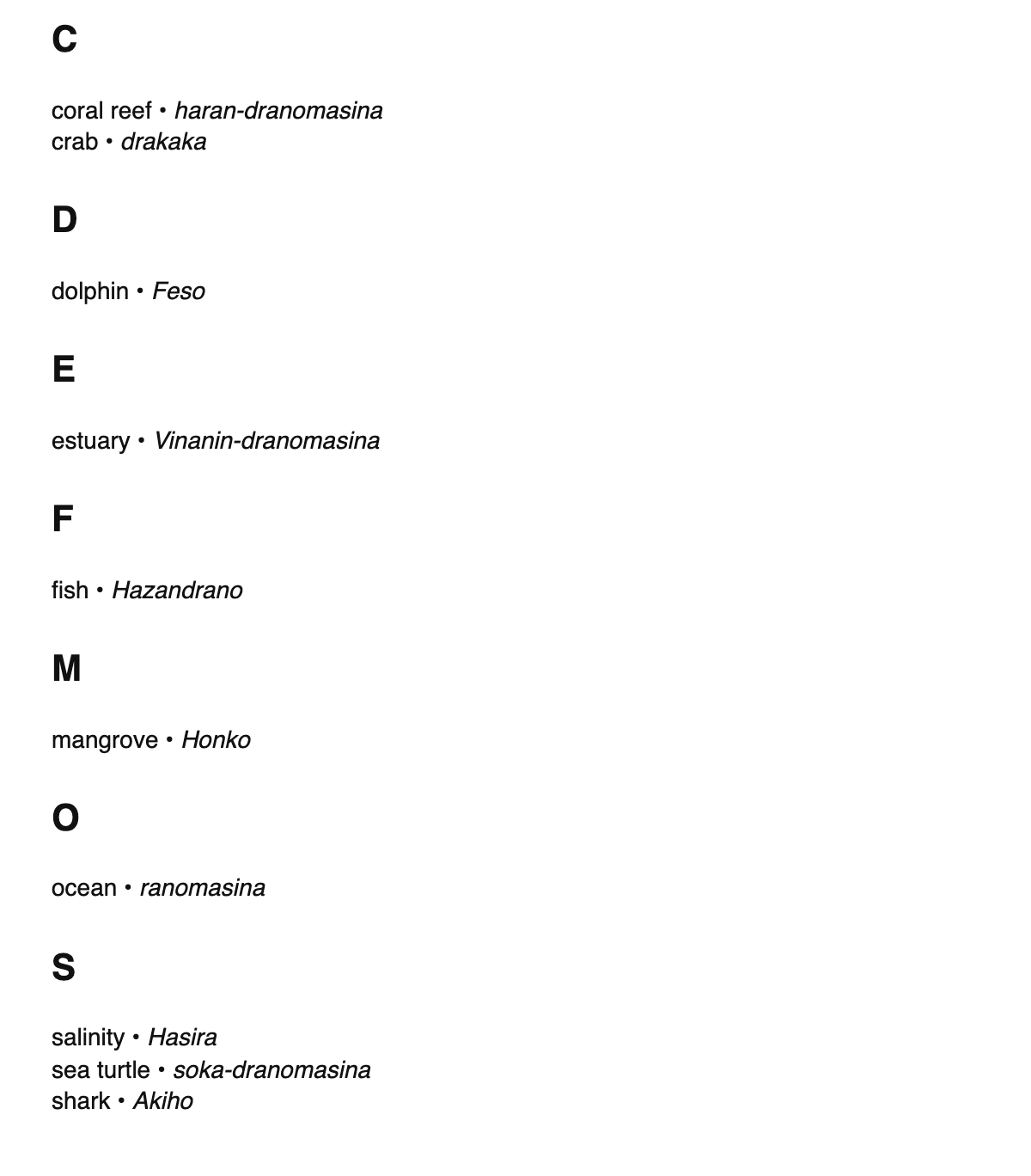 Marine biology terms in Malagasy