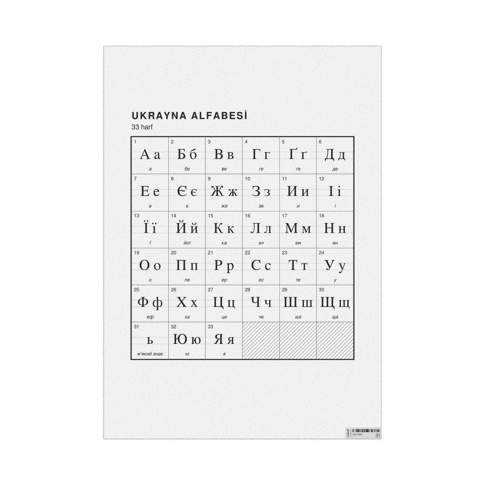 Leskoff Ukrainian Alphabet Chart, 23.4 x 33.1 in (59.4 x 84.1 cm, Poster / Wall Chart), Turkish-Labeled, image 1 of 2
