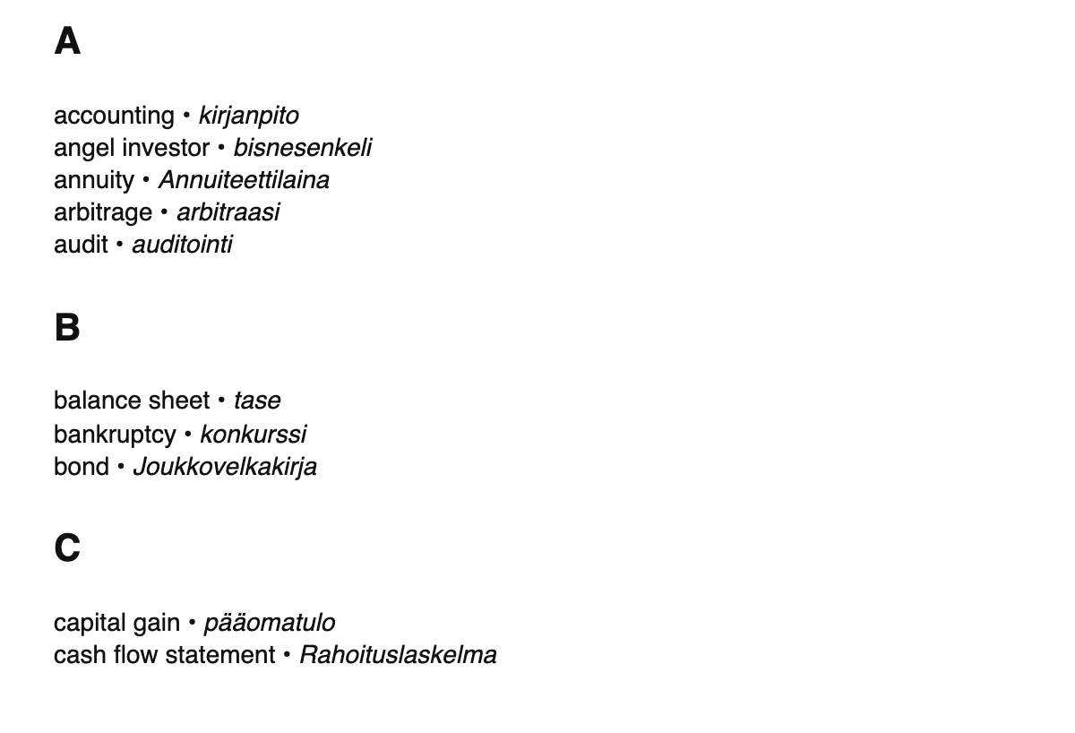 Finance terms in Finnish