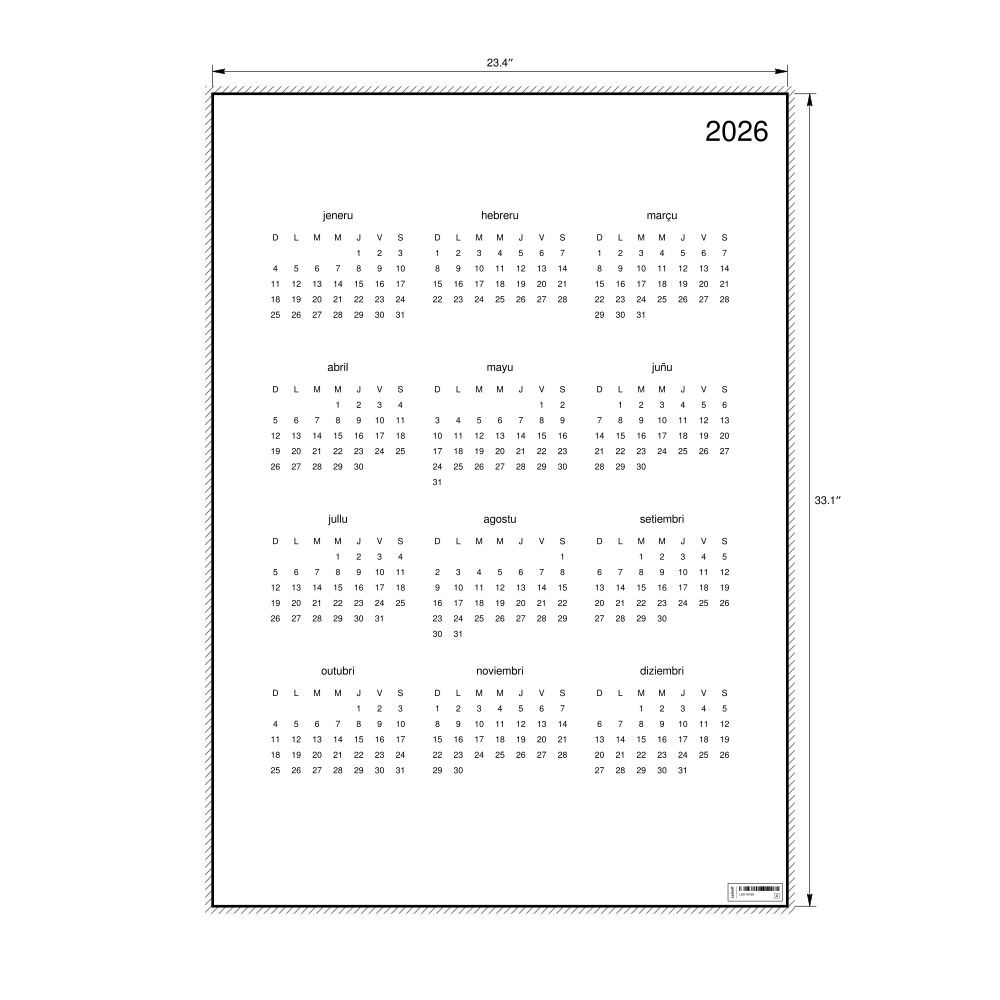 Leskoff 2026 Wall Calendar, Extremaduran-Labeled, Sunday-Start Layout, Poster / Wall Print, 23.4 x 33.1 in (59.4 x 84.1 cm), image 1 of 2