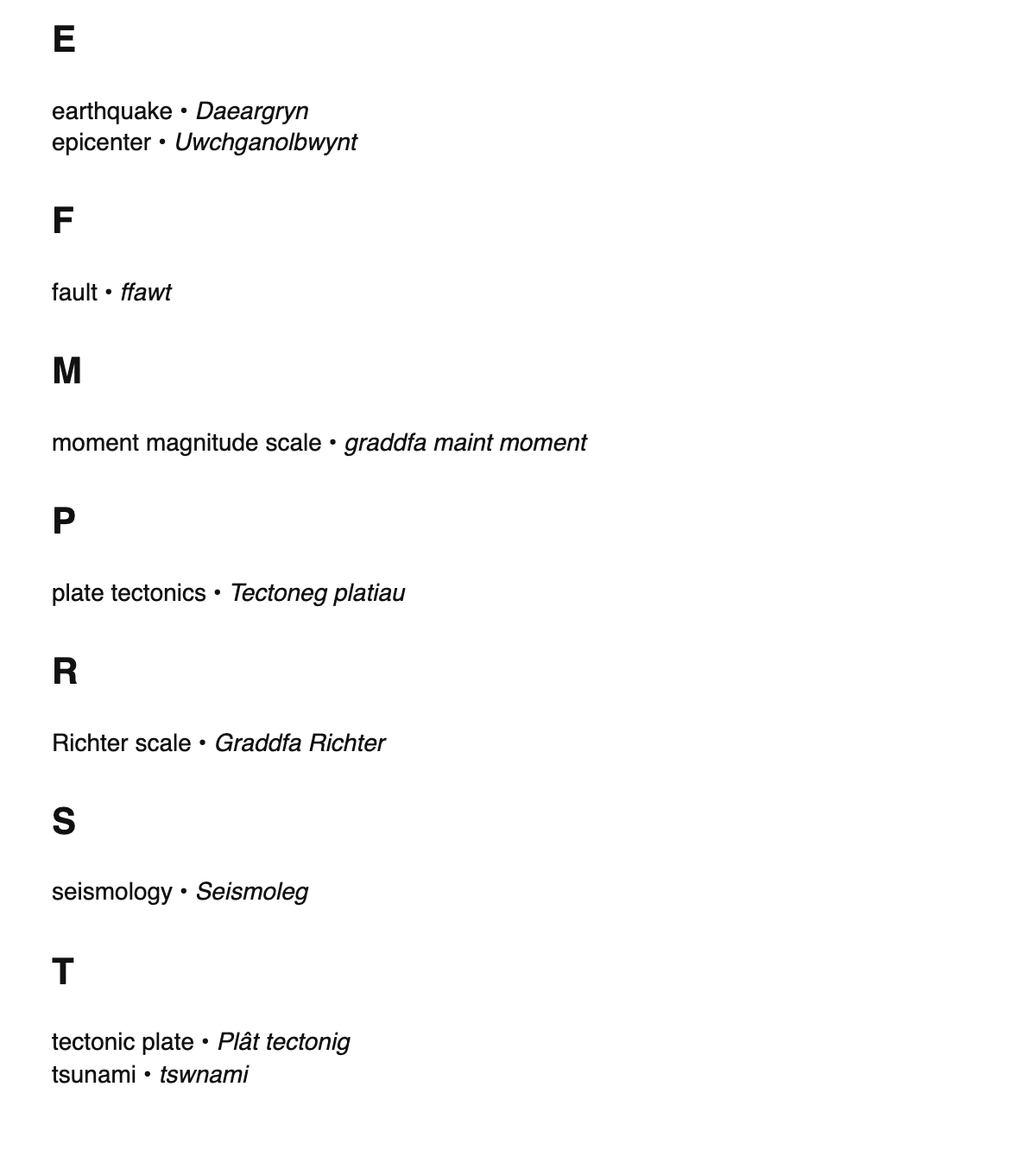Seismology terms in Welsh