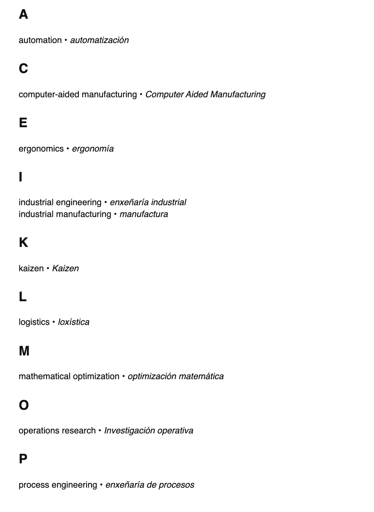 Industrial engineering terms in Galician