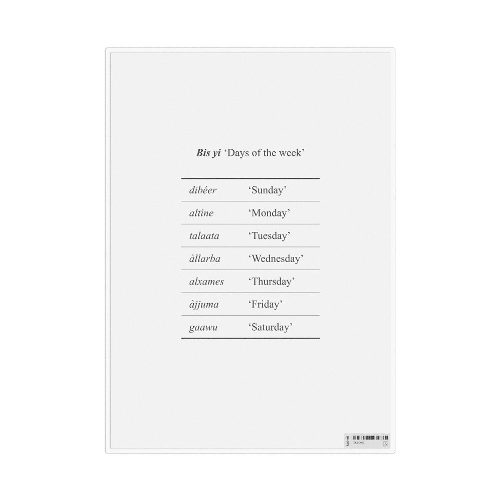 Leskoff Days of the Week in Wolof, Reference Chart, image 1 of 1