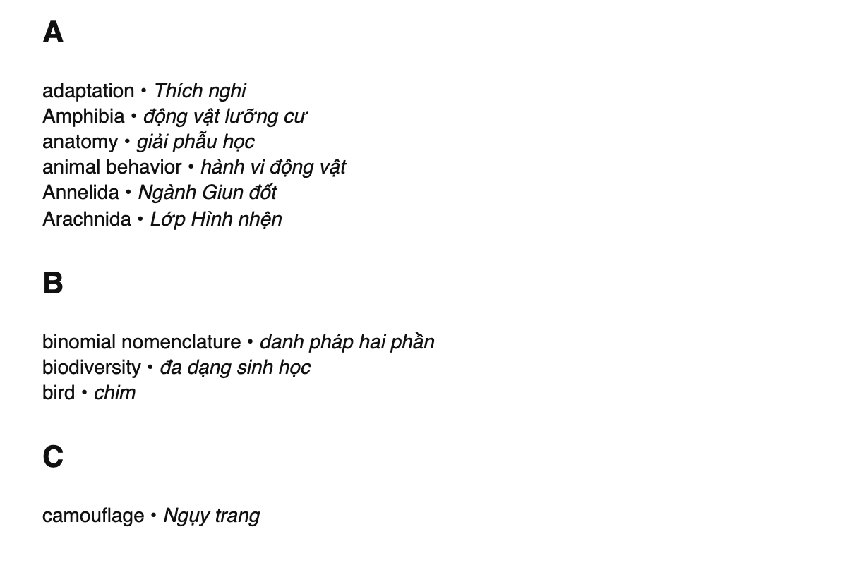 Zoology terms in Vietnamese