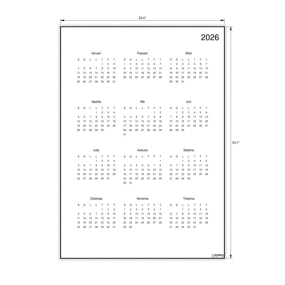 Leskoff 2026 Wall Calendar, Samoan-Labeled, Sunday-Start Layout, Poster / Wall Print, 23.4 x 33.1 in (59.4 x 84.1 cm), image 2 of 2