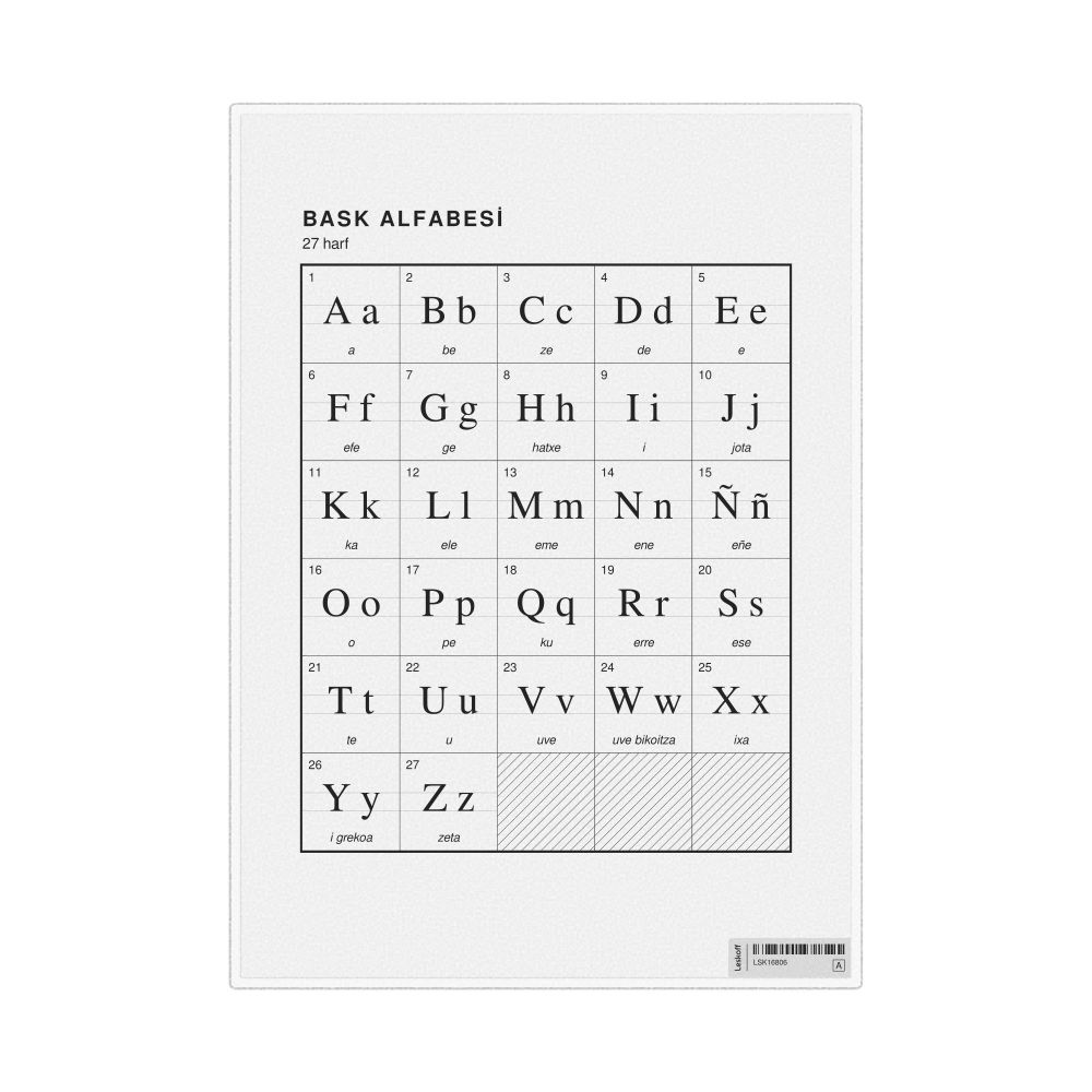 Leskoff Basque Alphabet Chart, 8.3 x 11.7 in (21.0 x 29.7 cm, Desk Chart, Laminated), Turkish-Labeled, image 1 of 2