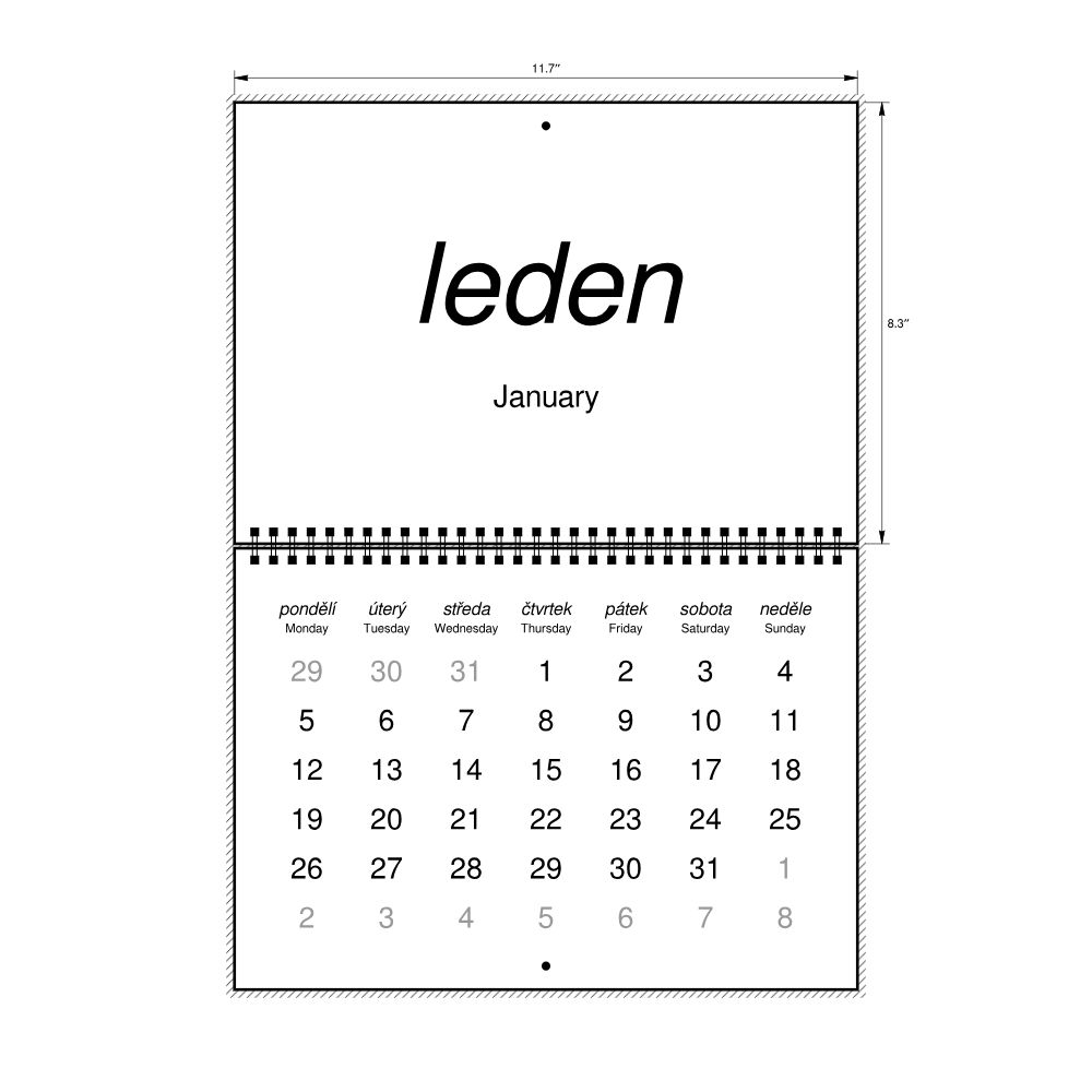 Leskoff 2026 Wall Calendar, Czech/English-Labeled, Monday-Start Layout, Wire-Bound, 11.7 x 8.3 in (29.7 x 21.0 cm), image 2 of 2