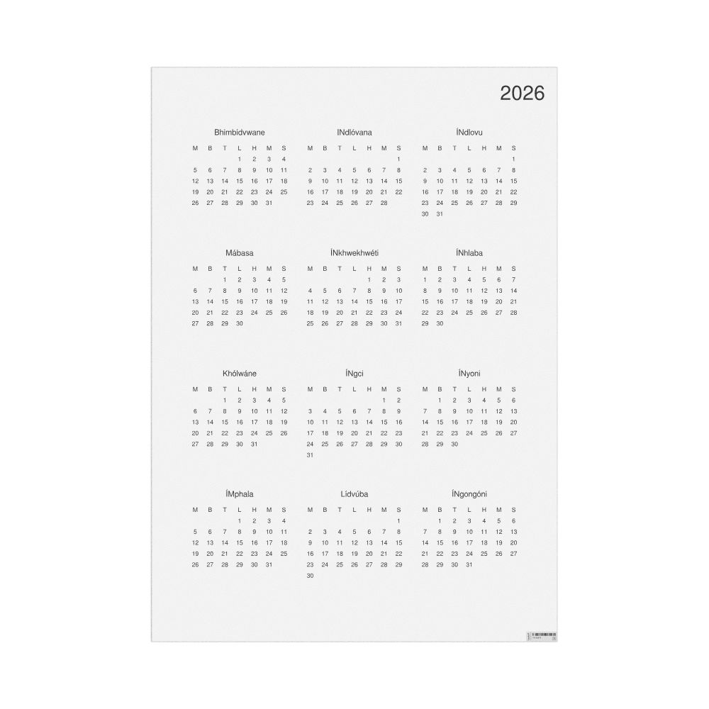 Leskoff 2026 Wall Calendar, Swazi-Labeled, Monday-Start Layout, Poster / Wall Print, 23.4 x 33.1 in (59.4 x 84.1 cm), image 1 of 1
