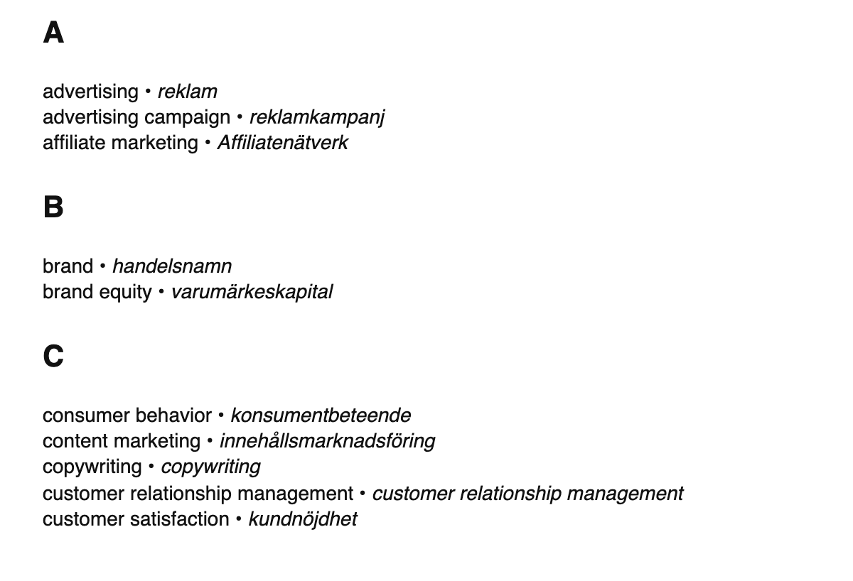 Marketing terms in Swedish
