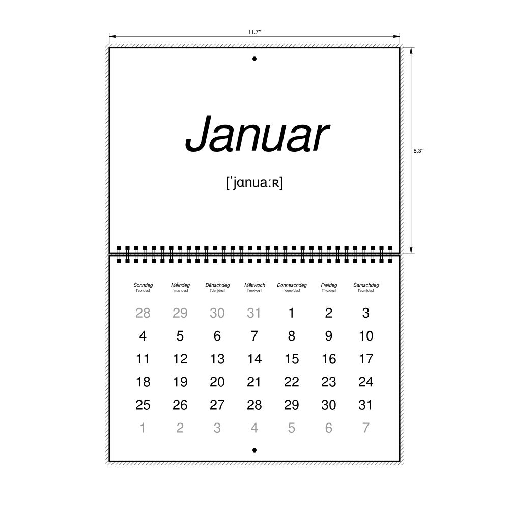 Leskoff 2026 Phonetic Wall Calendar, Luxembourgish-Labeled with IPA, Sunday-Start Layout, Wire-Bound, 11.7 x 8.3 in (29.7 x 21.0 cm), image 2 of 2