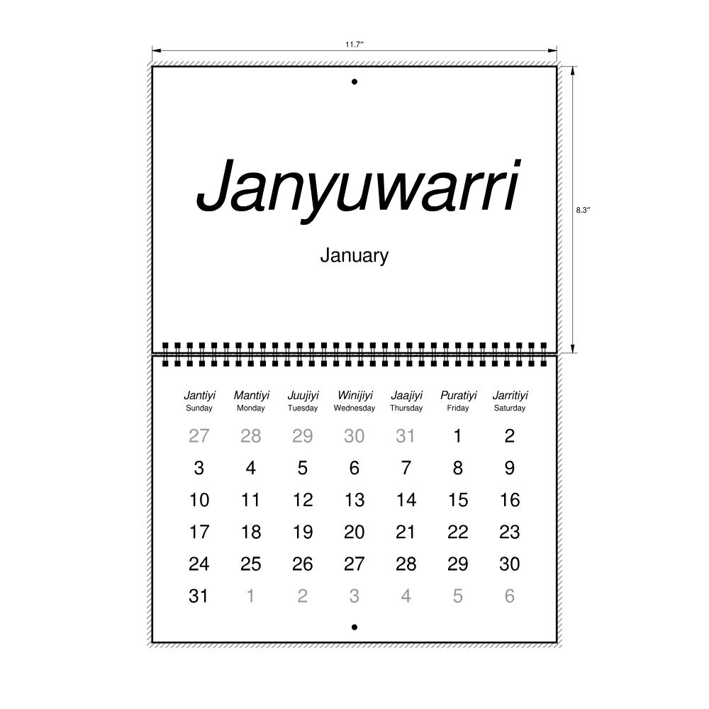 Leskoff 2027 Wall Calendar, Warlpiri/English-Labeled, Sunday-Start Layout, Wire-Bound, 11.7 x 8.3 in (29.7 x 21.0 cm), image 2 of 2
