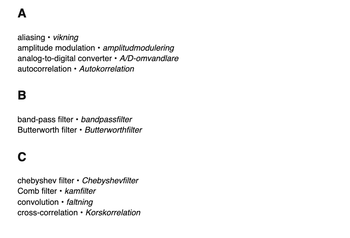 Digital signal processing terms in Swedish