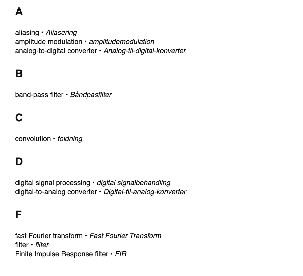 Digital signal processing terms in Danish