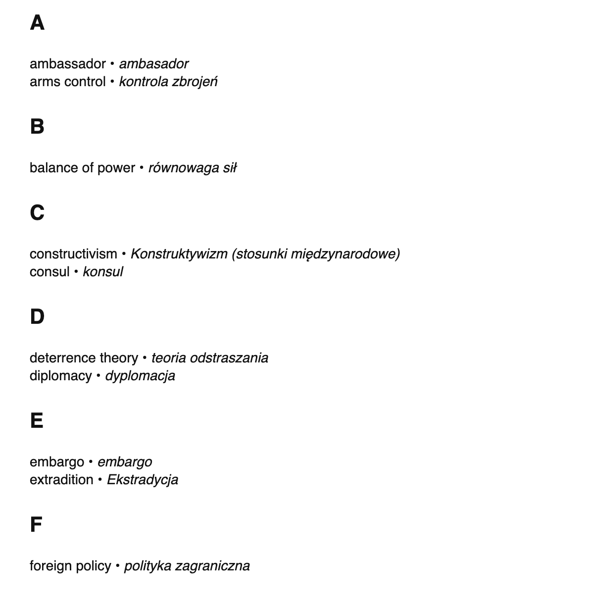 International relations terms in Polish