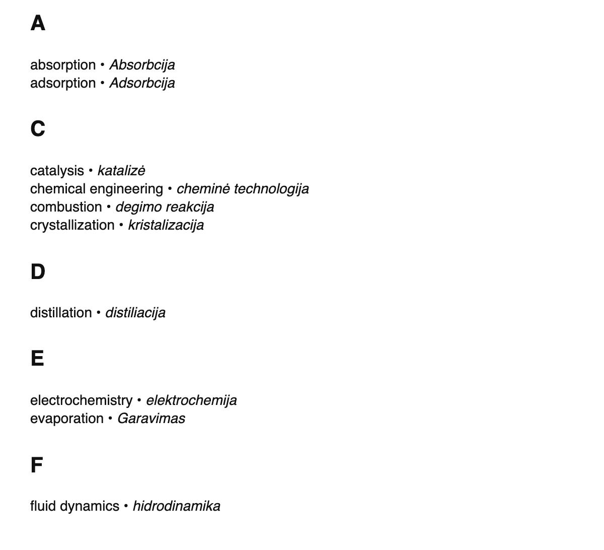 Chemical engineering terms in Lithuanian
