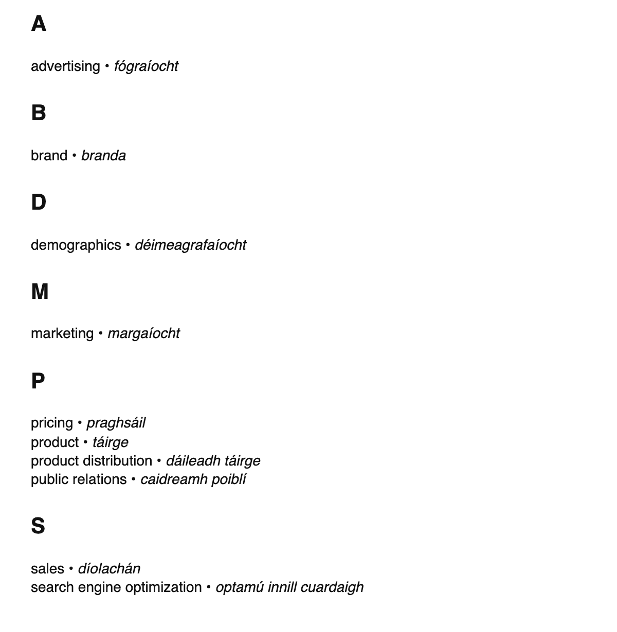 Marketing terms in Irish