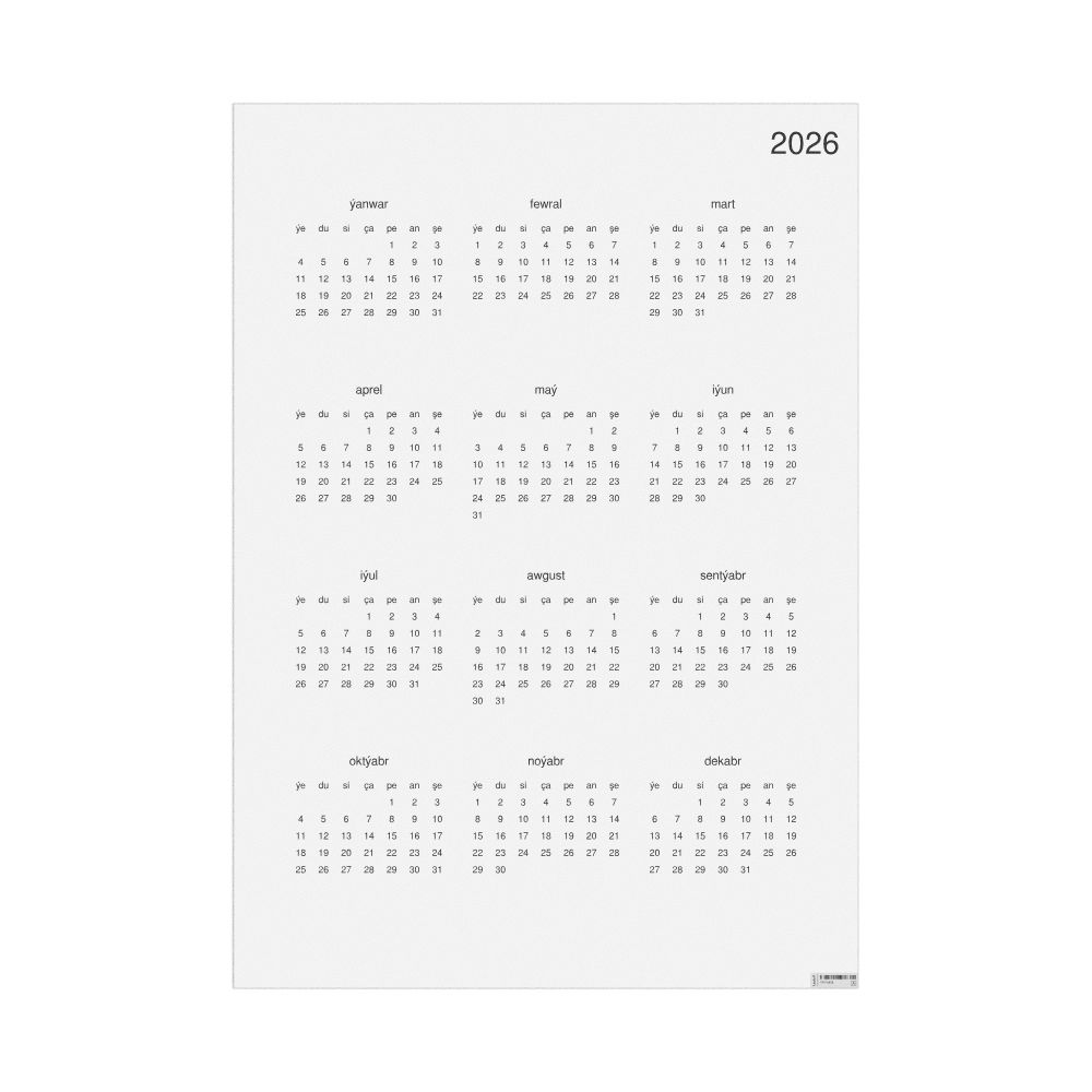 Leskoff 2026 Wall Calendar, Turkmen-Labeled, Sunday-Start Layout, Poster / Wall Print, 23.4 x 33.1 in (59.4 x 84.1 cm), image 1 of 1