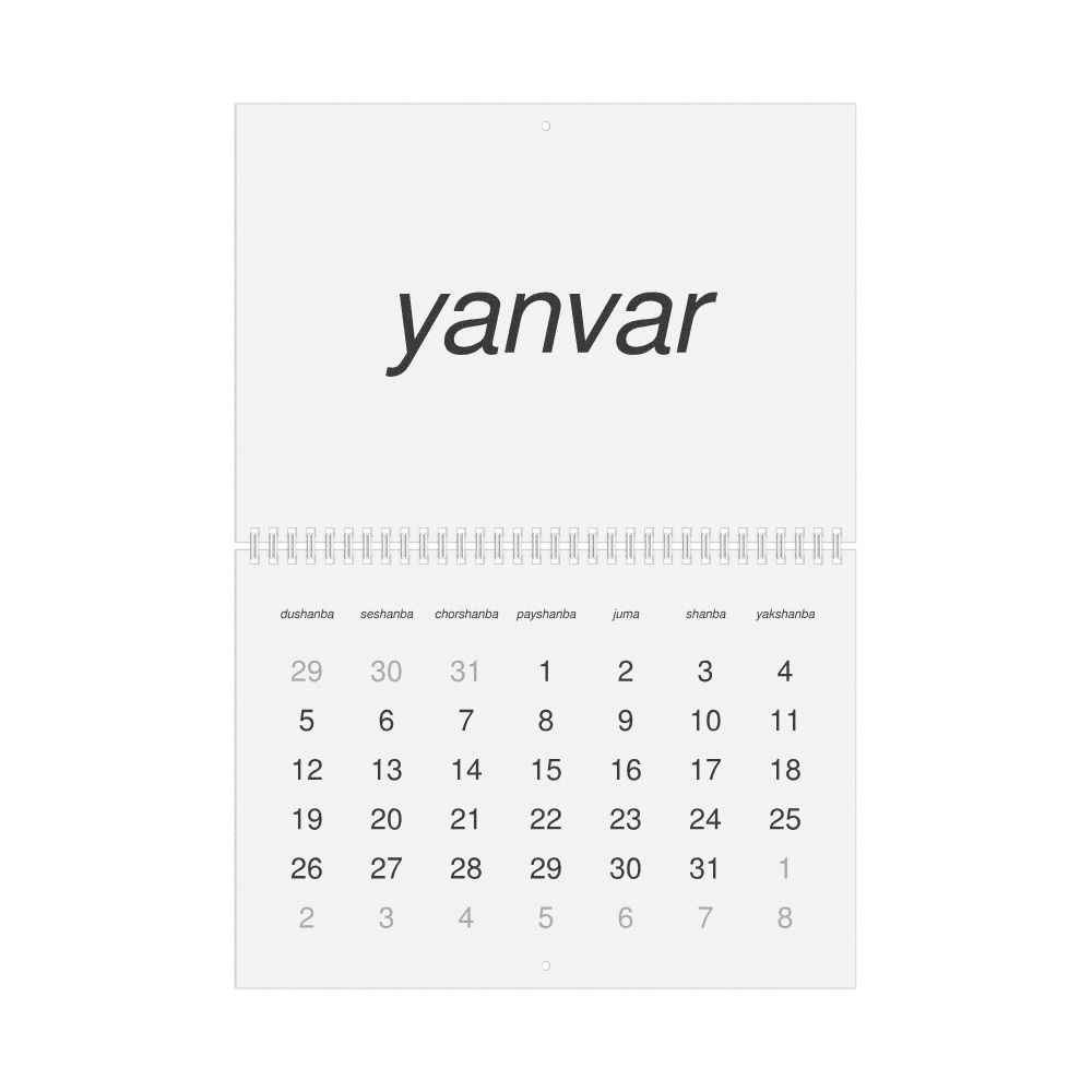 Leskoff 2026 Wall Calendar, Uzbek (Latin)-Labeled, Monday-Start Layout, Wire-Bound, 11.7 x 8.3 in (29.7 x 21.0 cm), image 1 of 1
