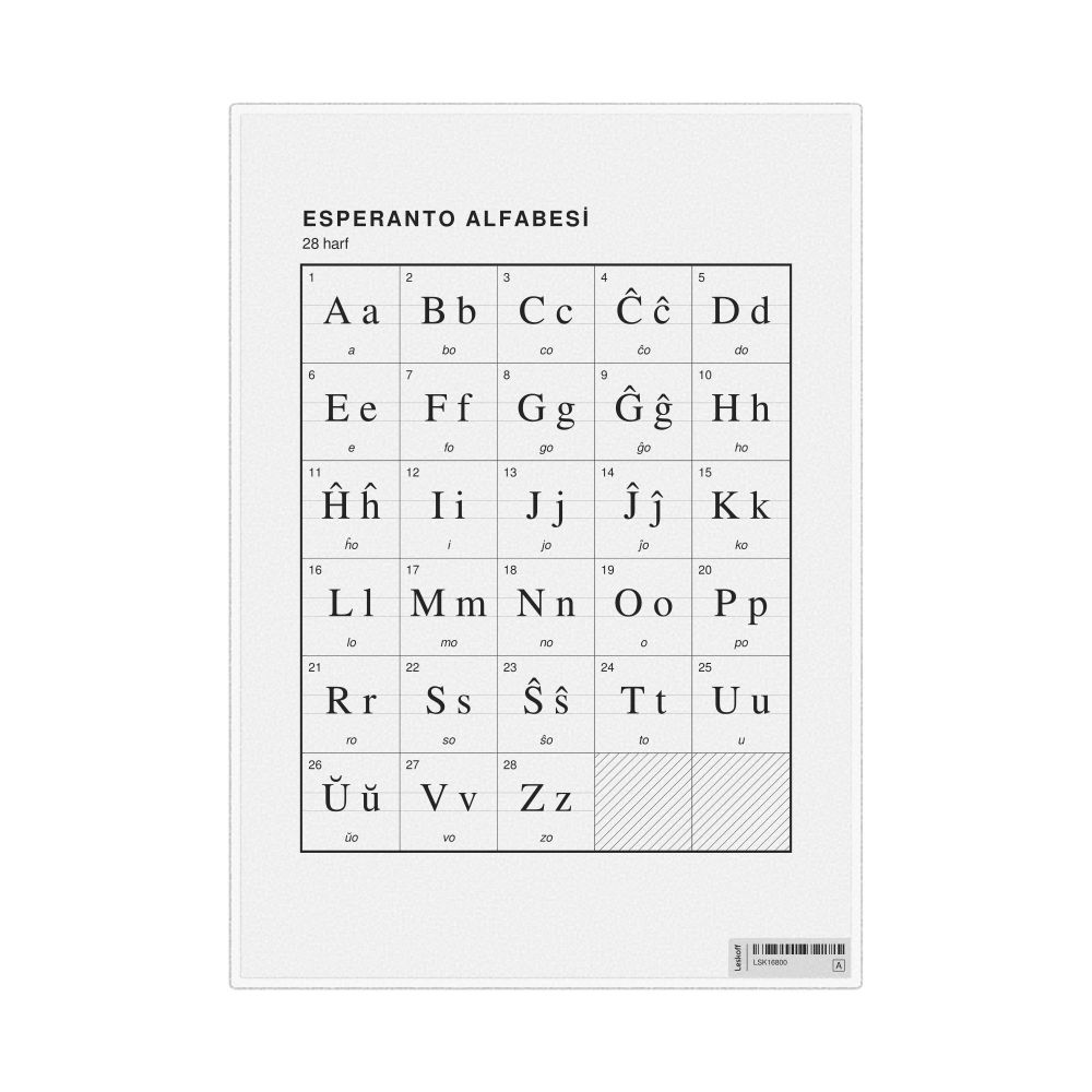 Leskoff Esperanto Alphabet Chart, 8.3 x 11.7 in (21.0 x 29.7 cm, Desk Chart, Laminated), Turkish-Labeled, image 1 of 2