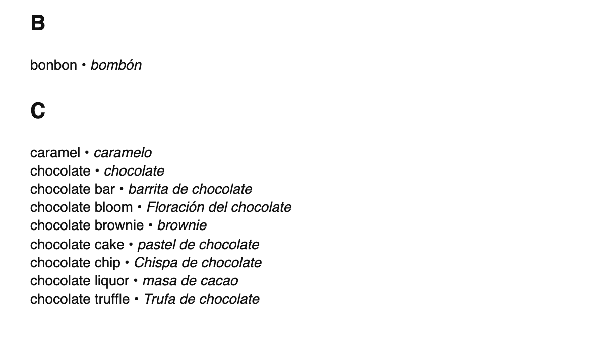 Chocolate terms in Spanish