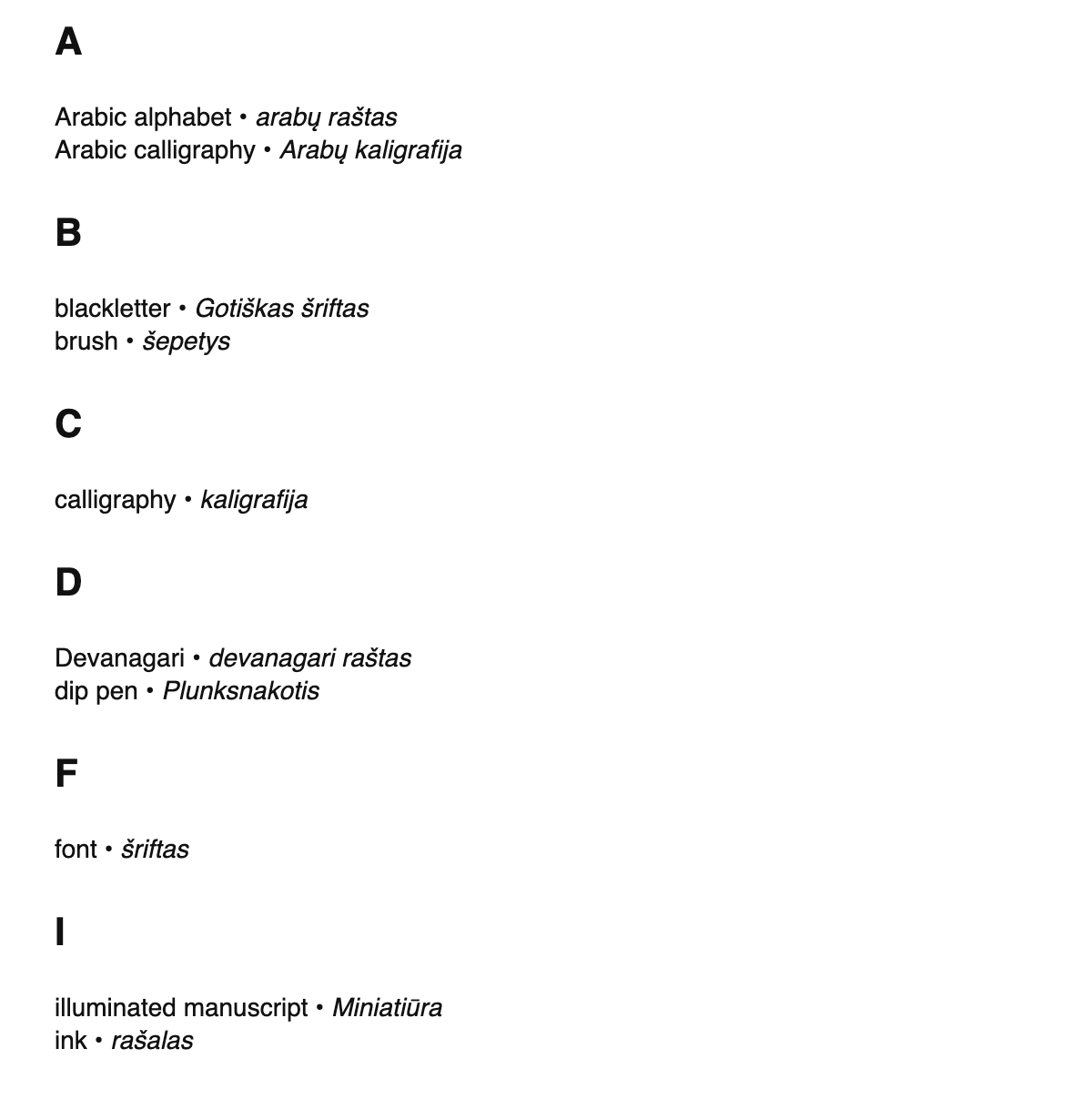 Calligraphy terms in Lithuanian