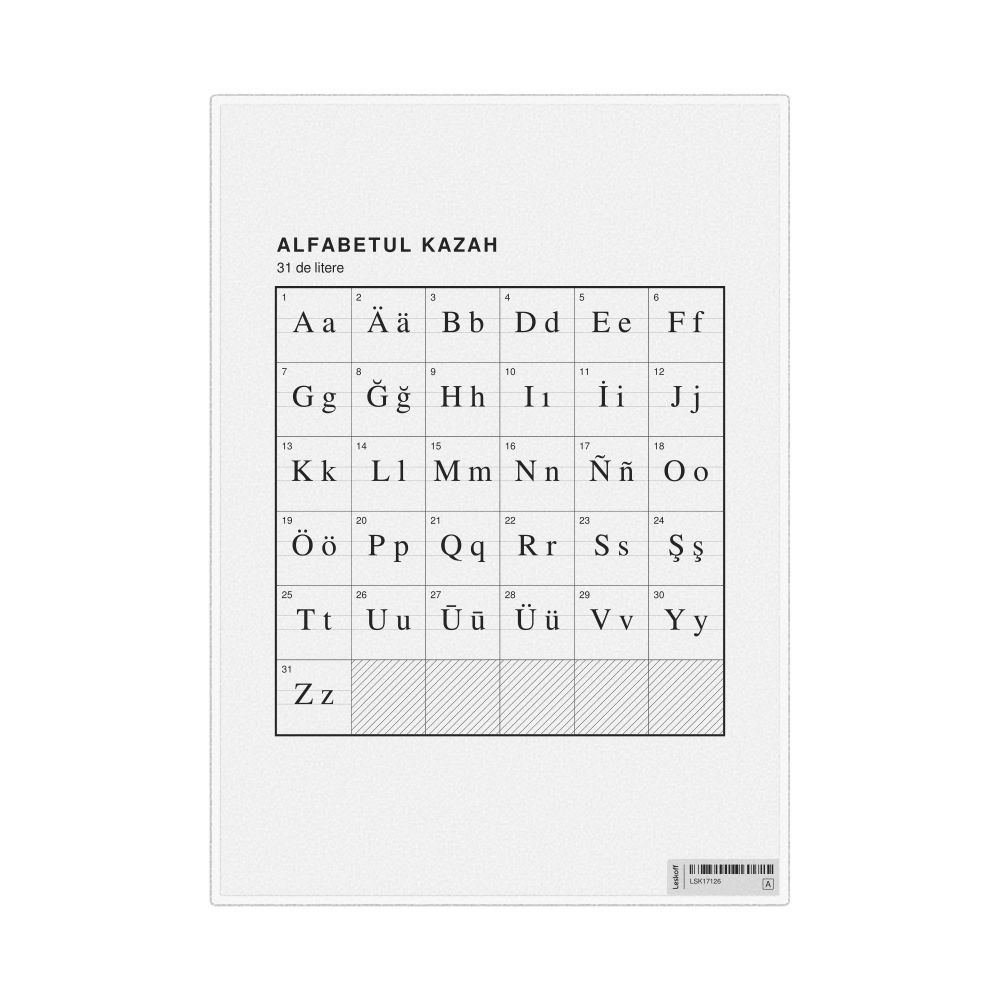 Leskoff Kazakh Alphabet Chart, 8.3 x 11.7 in (21.0 x 29.7 cm, Desk Chart, Laminated), Romanian-Labeled, image 1 of 2