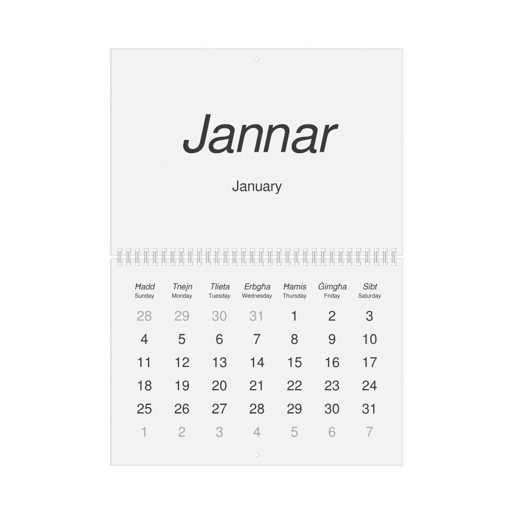 Leskoff 2026 Wall Calendar, Maltese/English-Labeled, Sunday-Start Layout, Wire-Bound, 11.7 x 8.3 in (29.7 x 21.0 cm), image 1 of 1