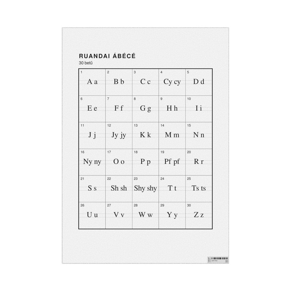 Leskoff Kinyarwanda Alphabet Chart, 23.4 x 33.1 in (59.4 x 84.1 cm, Poster / Wall Chart), Hungarian-Labeled, image 1 of 2