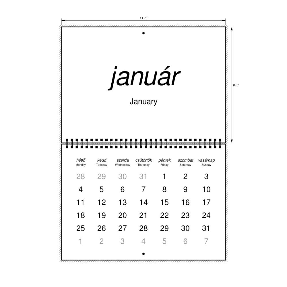 Leskoff 2027 Wall Calendar, Hungarian/English-Labeled, Monday-Start Layout, Wire-Bound, 11.7 x 8.3 in (29.7 x 21.0 cm), image 2 of 2