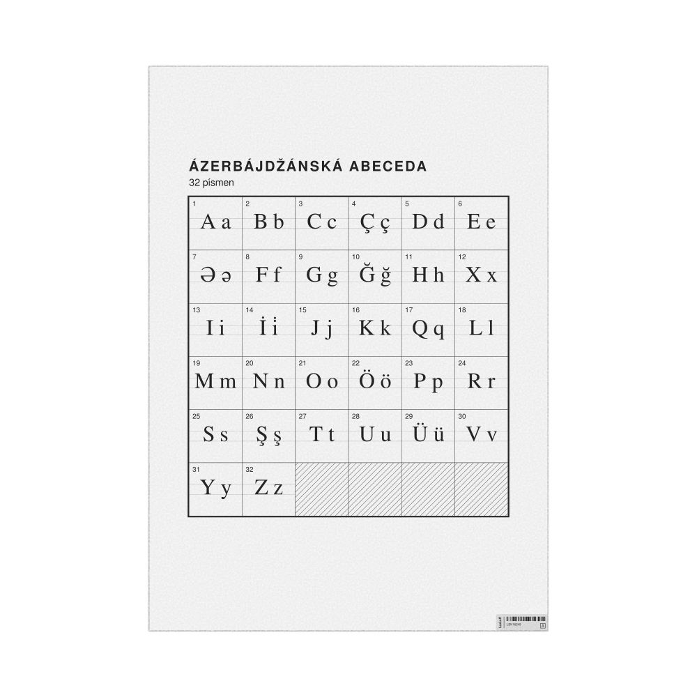Leskoff Azerbaijani Alphabet Chart, 23.4 x 33.1 in (59.4 x 84.1 cm, Poster / Wall Chart), Czech-Labeled, image 1 of 2