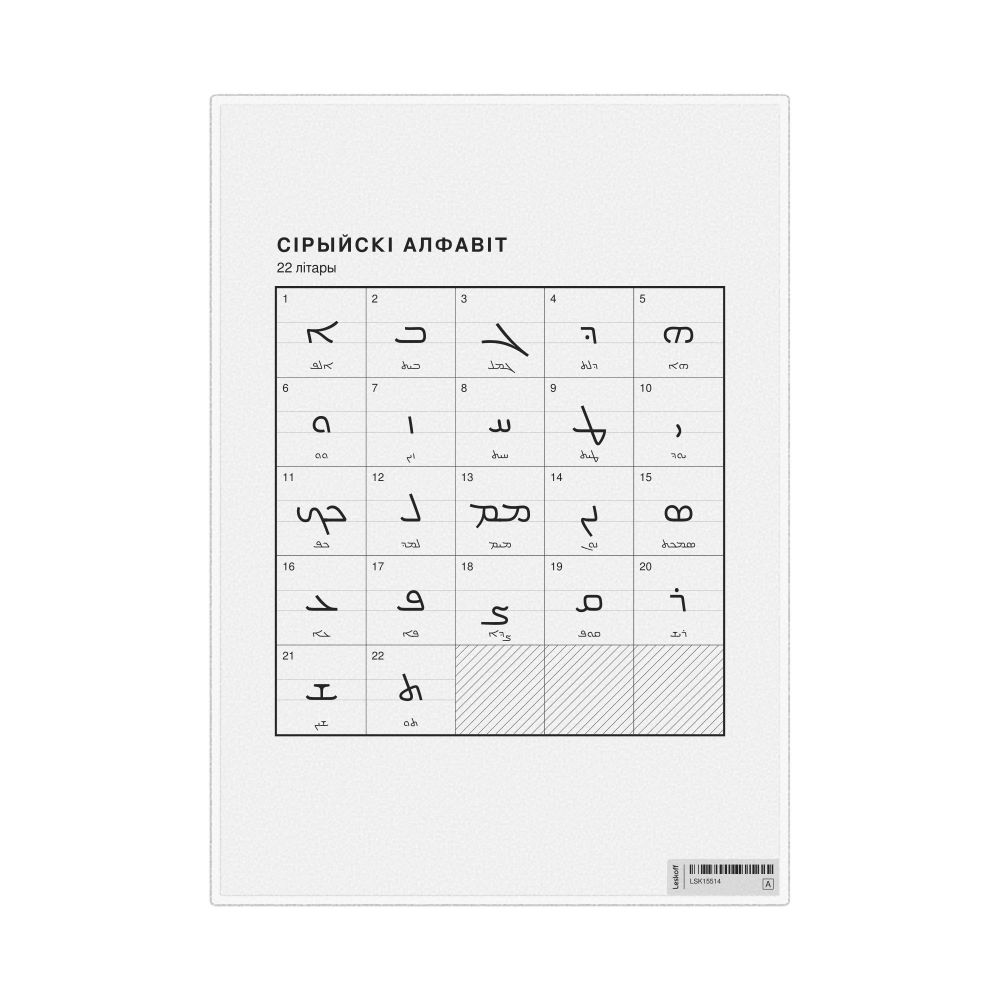Leskoff Syriac Alphabet Chart, 8.3 x 11.7 in (21.0 x 29.7 cm, Desk Chart, Laminated), Belarusian-Labeled, image 1 of 2