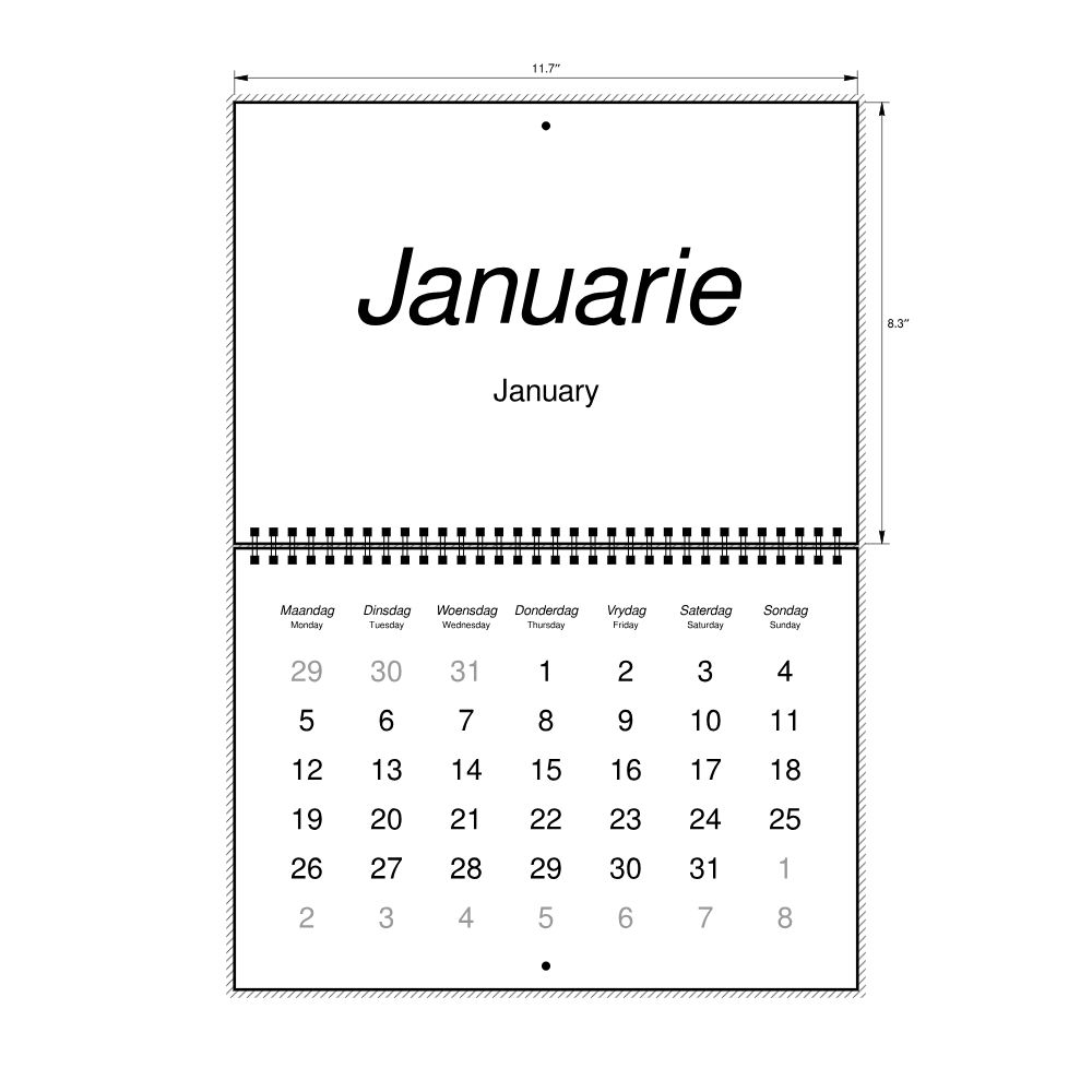 Leskoff 2026 Wall Calendar, Afrikaans/English-Labeled, Monday-Start Layout, Wire-Bound, 11.7 x 8.3 in (29.7 x 21.0 cm), image 2 of 2