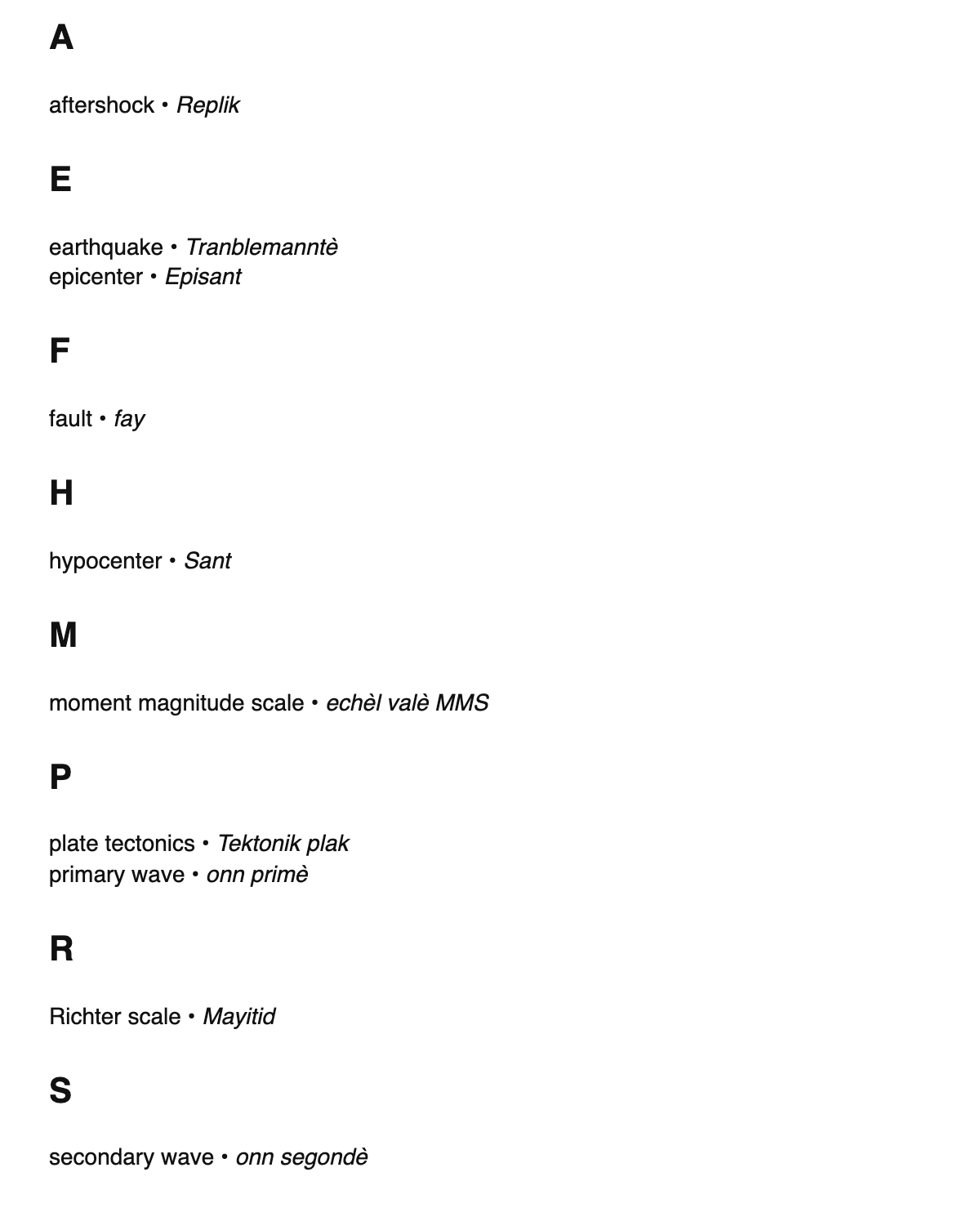 Seismology terms in Haitian Creole
