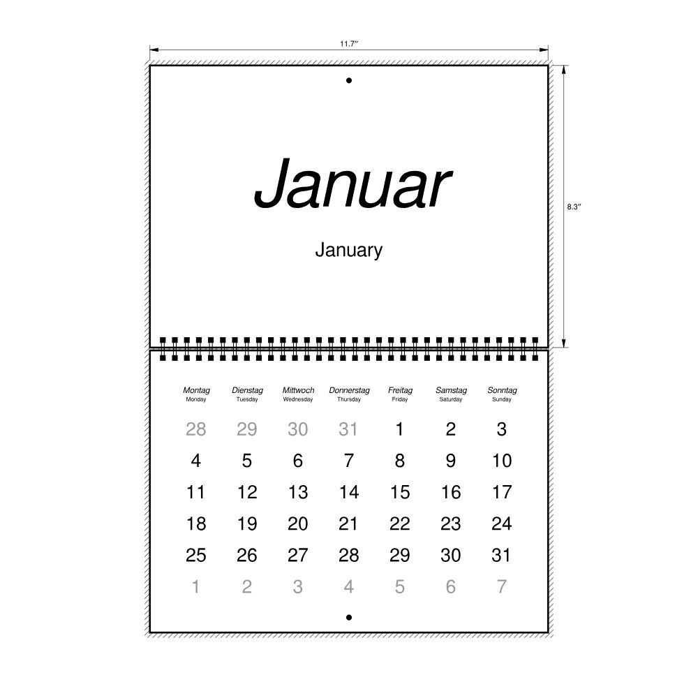 Leskoff 2027 Wall Calendar, German/English-Labeled, Monday-Start Layout, Wire-Bound, 11.7 x 8.3 in (29.7 x 21.0 cm), image 2 of 2