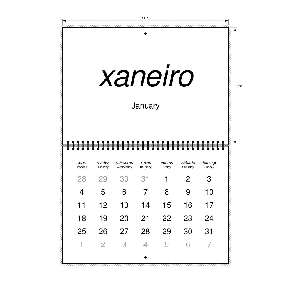 Leskoff 2027 Wall Calendar, Galician/English-Labeled, Monday-Start Layout, Wire-Bound, 11.7 x 8.3 in (29.7 x 21.0 cm), image 2 of 2