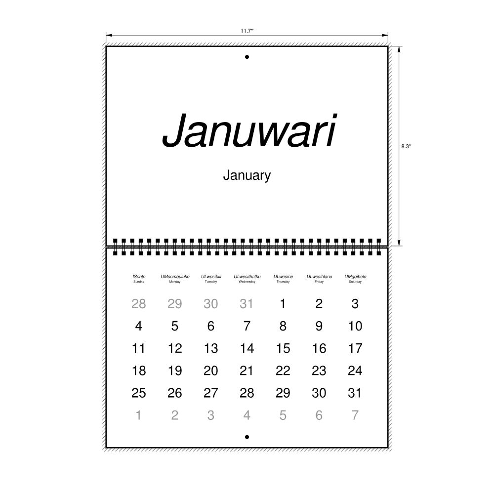 Leskoff 2026 Wall Calendar, Zulu/English-Labeled, Sunday-Start Layout, Wire-Bound, 11.7 x 8.3 in (29.7 x 21.0 cm), image 2 of 2