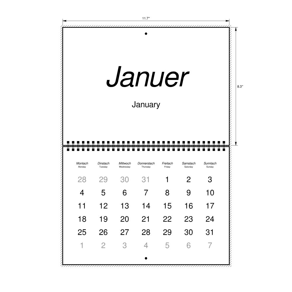Leskoff 2027 Wall Calendar, Hunsrik/English-Labeled, Monday-Start Layout, Wire-Bound, 11.7 x 8.3 in (29.7 x 21.0 cm), image 2 of 2