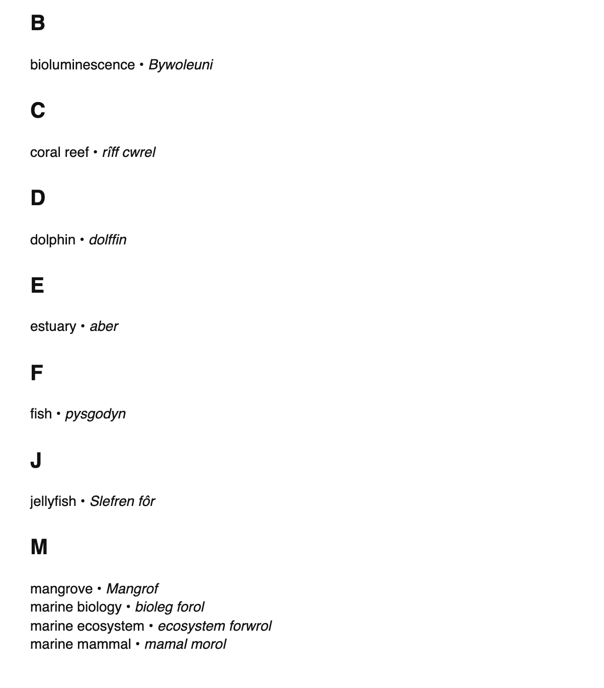 Marine biology terms in Welsh