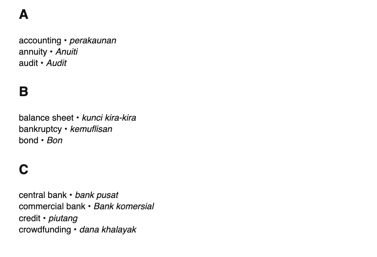 Finance terms in Malay