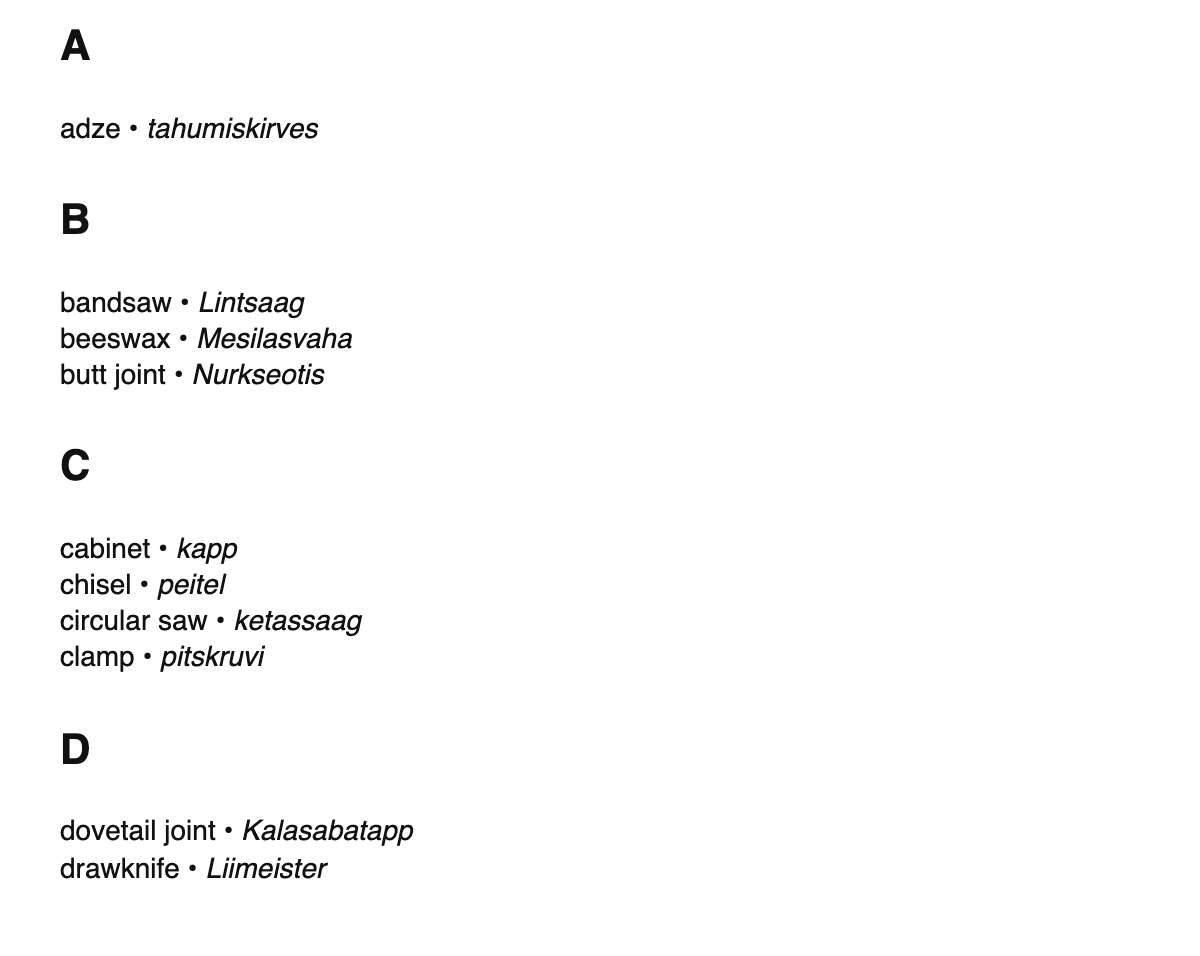 Woodworking terms in Estonian