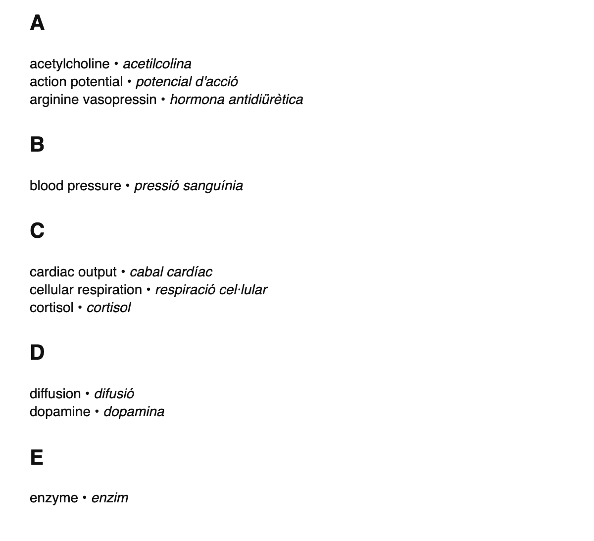 Physiology terms in Catalan