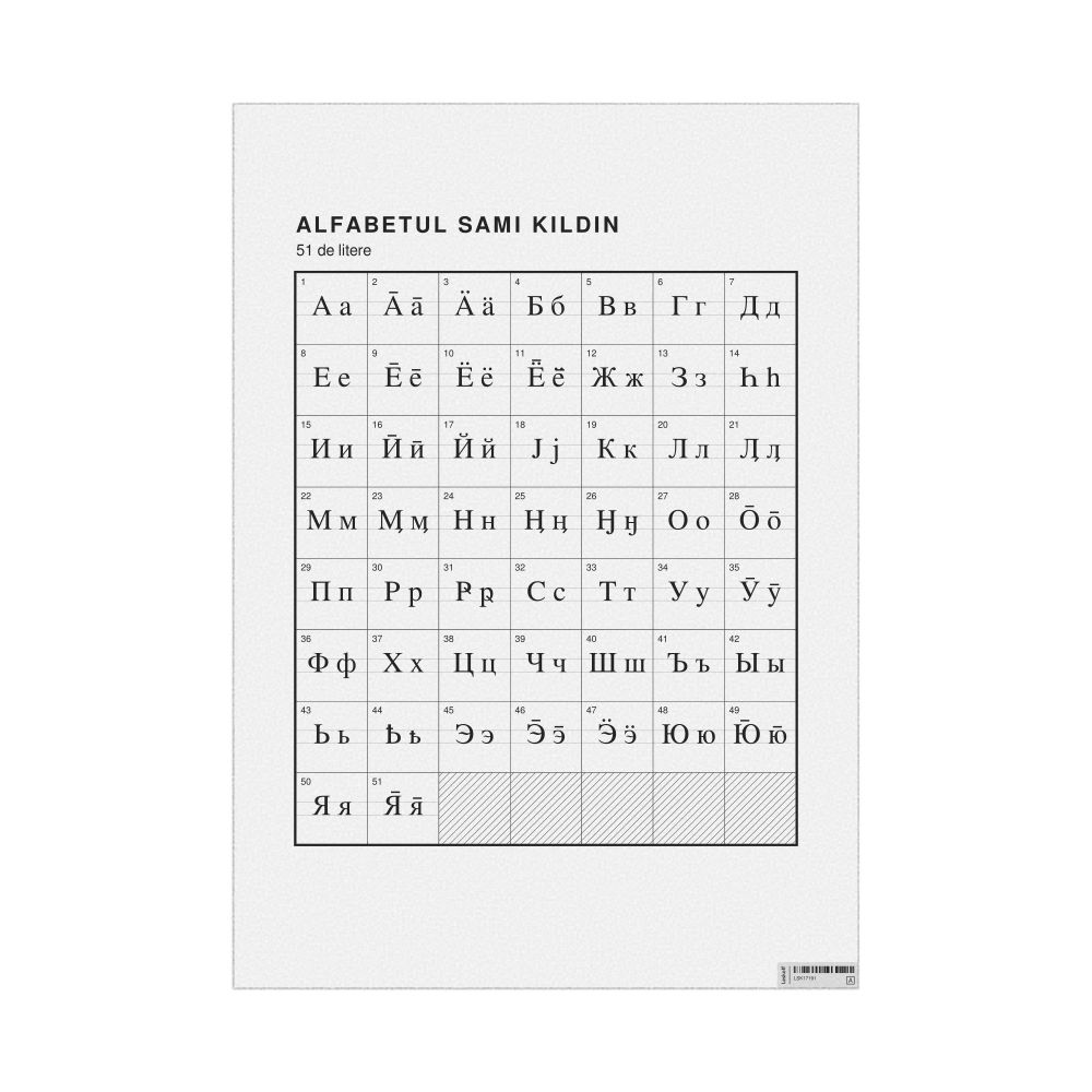 Leskoff Kildin Sámi Alphabet Chart, 23.4 x 33.1 in (59.4 x 84.1 cm, Poster / Wall Chart), Romanian-Labeled, image 1 of 2