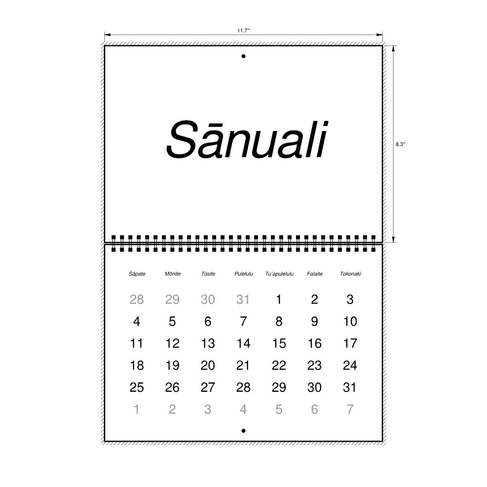 Leskoff 2026 Wall Calendar, Tongan-Labeled, Sunday-Start Layout, Wire-Bound, 11.7 x 8.3 in (29.7 x 21.0 cm), image 2 of 2