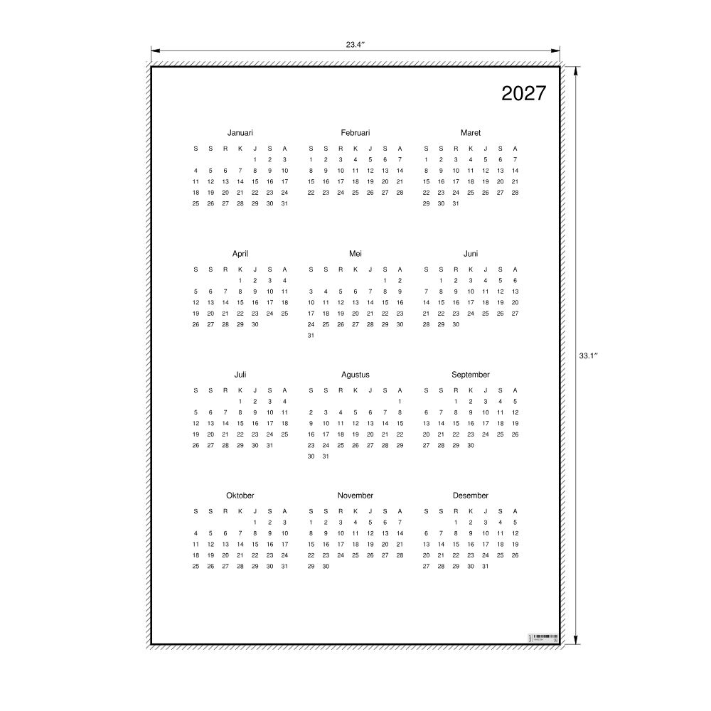 Leskoff 2027 Wall Calendar, Javanese-Labeled, Monday-Start Layout, Poster / Wall Print, 23.4 x 33.1 in (59.4 x 84.1 cm), image 2 of 2