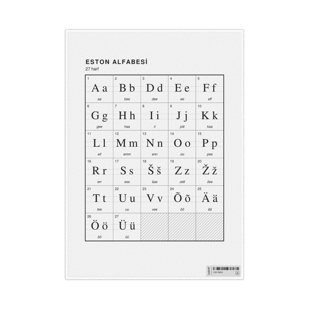 Leskoff Estonian Alphabet Chart, 8.3 x 11.7 in (21.0 x 29.7 cm, Desk Chart, Laminated), Turkish-Labeled, image 1 of 2