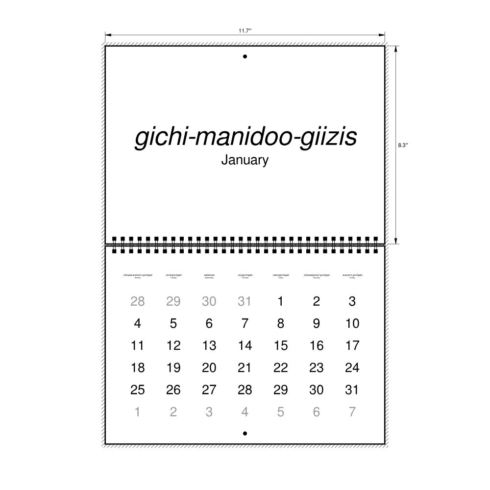 Leskoff 2027 Wall Calendar, Ojibwe/English-Labeled, Monday-Start Layout, Wire-Bound, 11.7 x 8.3 in (29.7 x 21.0 cm), image 2 of 2
