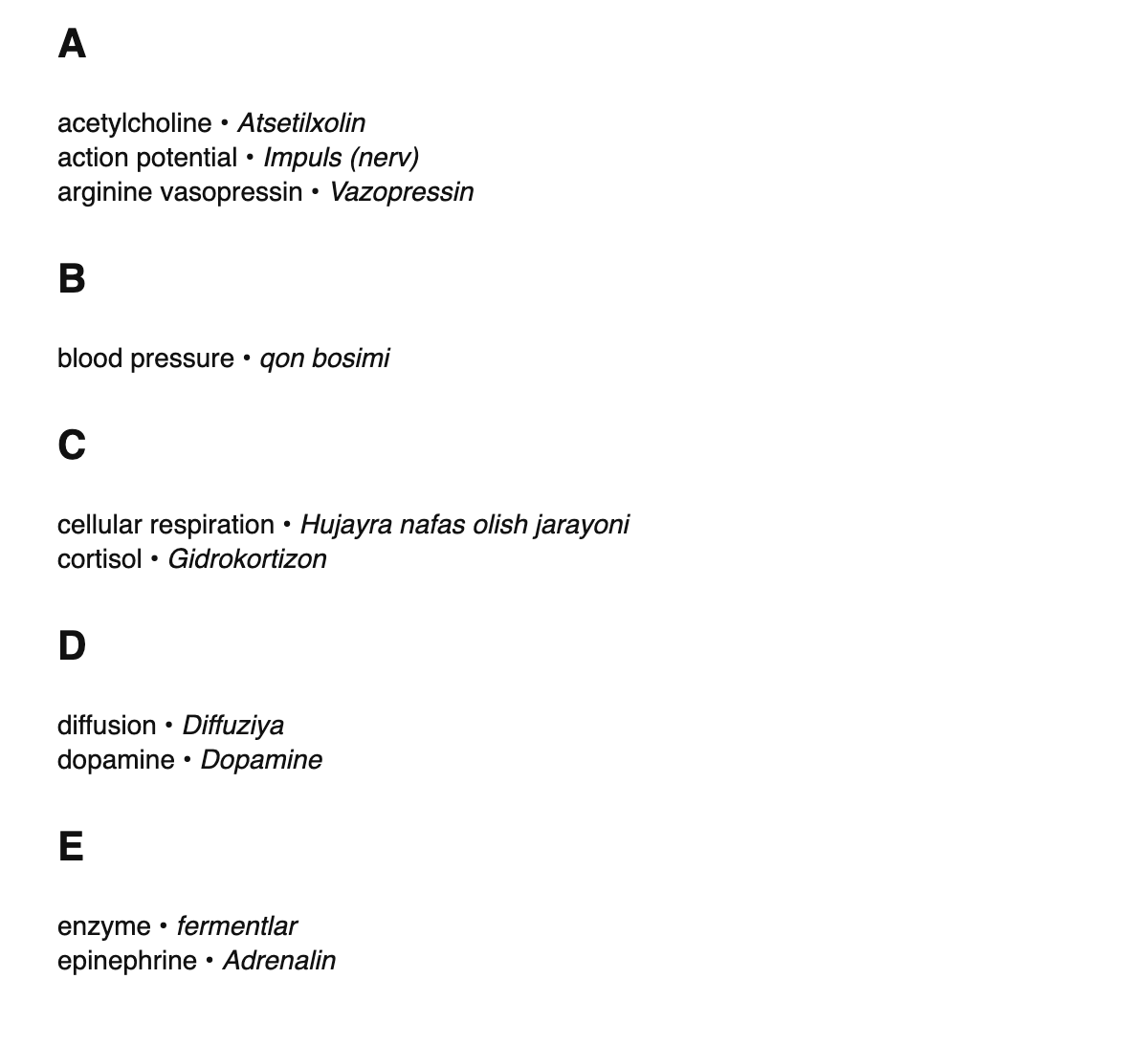 Physiology terms in Uzbek