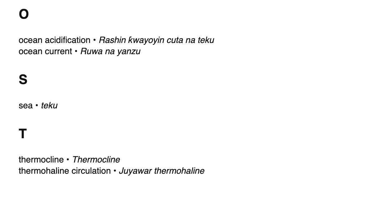 Oceanography terms in Hausa