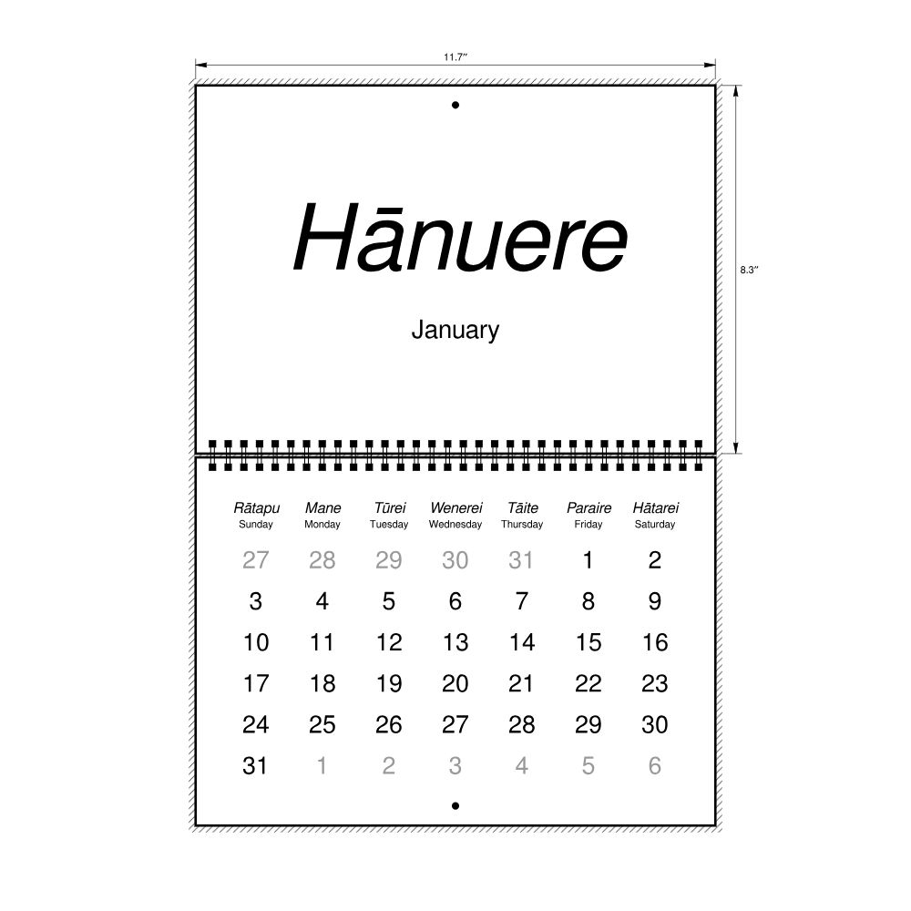 Leskoff 2027 Wall Calendar, Māori/English-Labeled, Sunday-Start Layout, Wire-Bound, 11.7 x 8.3 in (29.7 x 21.0 cm), image 2 of 2