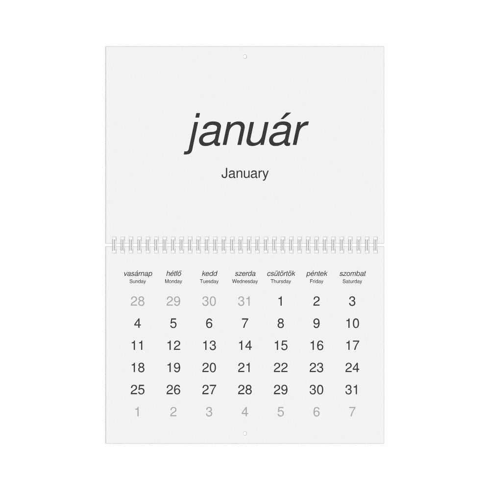 Leskoff 2026 Wall Calendar, Hungarian/English-Labeled, Sunday-Start Layout, Wire-Bound, 11.7 x 8.3 in (29.7 x 21.0 cm), image 1 of 1